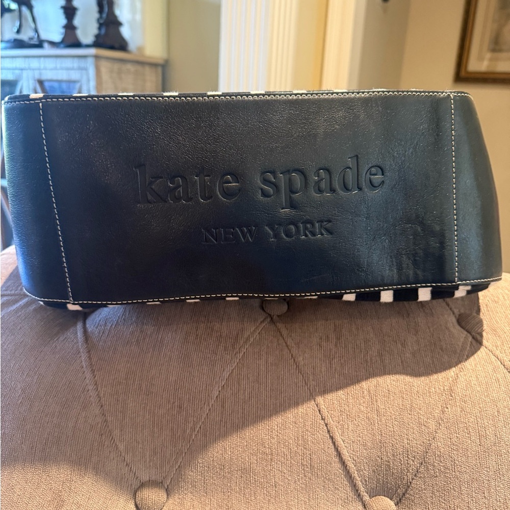 Kate Spade Striped Canvas Leather Hobo Bag Black White Drawstring Shoulder Tote - Picture 6 of 16